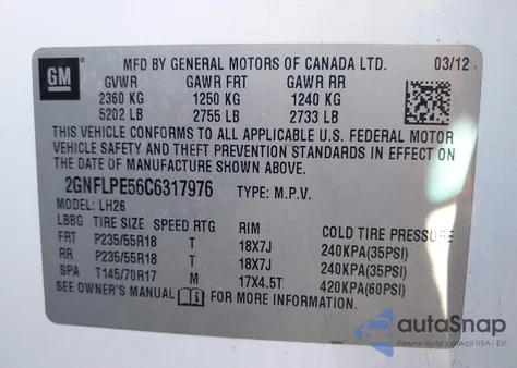 2012 Chevrolet Equinox 2Lt from USA, damaged, VIN 2GNFLPE56C6317976